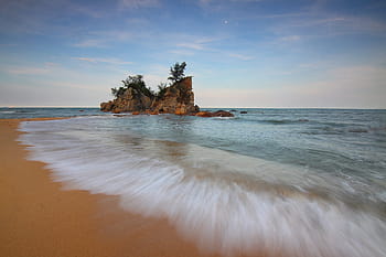 pláž, písek, moře, voda, kopec, Skála, formace, přírodní nebe, mraky, stromy, horizont