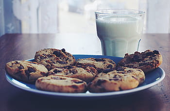 cookies, chocolate chip cookies, chocolate, food, milk, drink, drinks, glass
