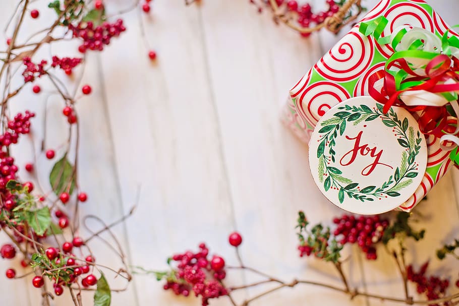 christmas, frame, border, text space, joy, gift, present, seasonal, berries, red, green