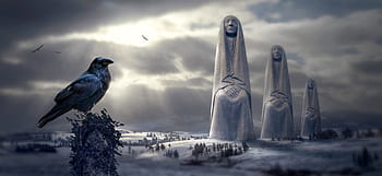 fantasy, winter, snow, sculpture, crow, birds, light, figures, nature, sky, landscape