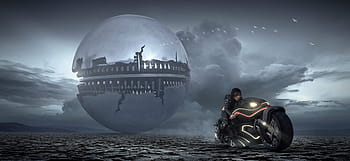 fantasy, science fiction, motorcycle, spaceship, ball, clouds, futuristic, forward, mystical, surreal, fantastic