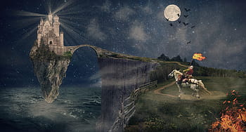 knight, castle, middle ages, sword, fantasy, fairy tales, mood, surreal, mystical, landscape, fire