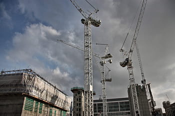 view, cranes, working, construction site, dark, seen, Architecture, Clouds, Construction, Crane, Equipment
