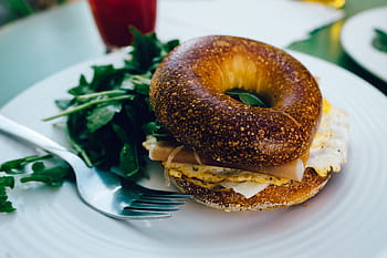 breakfast, bagel, eggs, plate, food