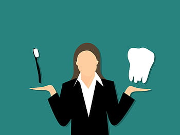illustration, tooth care, -, person, holding, toothbrush, giant tooth model, dentist, tooth, jaw, woman