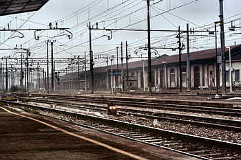 Pohled, elektrické vodiče, železniční trať, Itálie, průmyslový, krajina, řádek, nikdo, venku, cesta, železnice