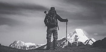 marcheur, vue, Montagne, neige, une randonnée, pôle, colline, dramatique, noir et blanc, bande passante, écran large
