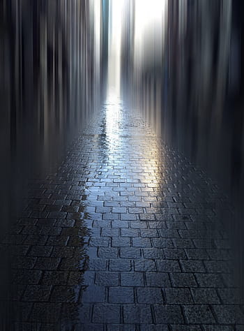 road, morning, paving stones, reflection, mood