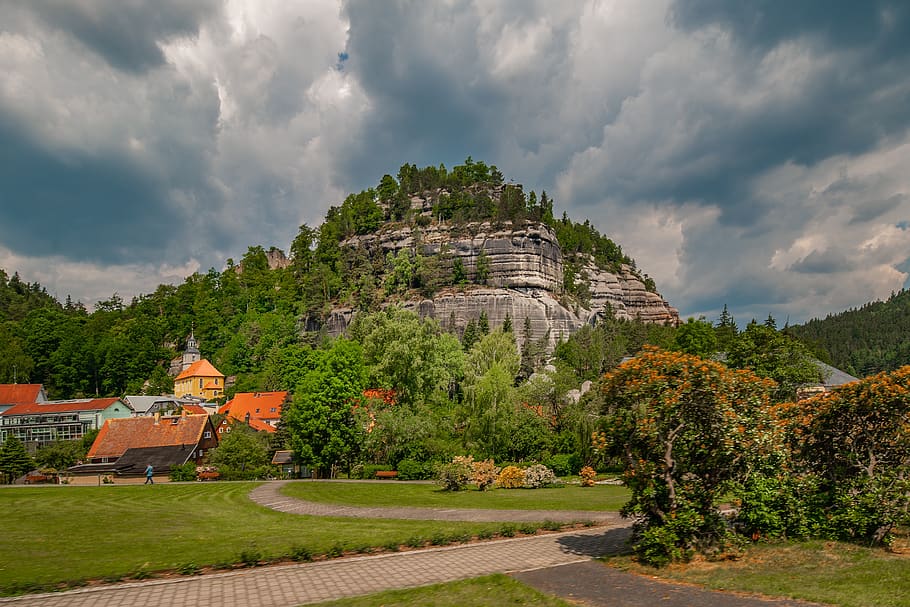 oybin, saxony, landscape, elbe sandstone mountains, germany, rock, sky, sand stone, idyllic, ore mountains, places of interest