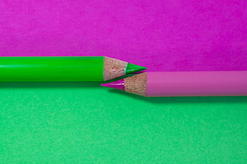 colored pencil, complementary, green, pink, writing implement, character device, colorful, color, mine, lacquered, wood