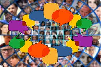 sociální média, dav, člověk, sdělení, balóny, siluety, osobní, skupina lidí, skupina, diváků, spolu