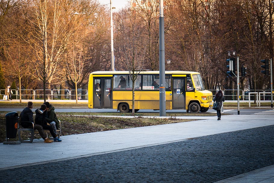 bus, yellow, life, urban, vehicle, transport, city, road, street, bench, people