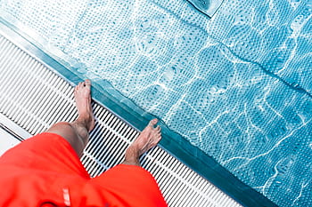 em pé, borda, natação, piscina, aqua, parque aquático, azul, tempo, diversão, pernas, homem