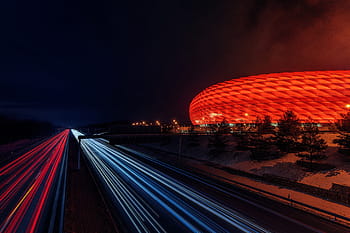 allianz arena, Mnichov, Německo, sport, Fotbal, bayern munchen, stadión, Červené, aréna, silnice, světla