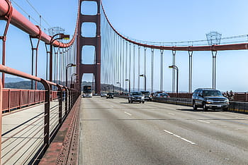 vozy, blížící se, autobus, zlatý, hradlový most, most., záliv, Kalifornie, Zlatá brána, Golden Gate Bridge, San Francisco
