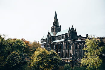 glasgow katedrála, obklopen, stromy, architektura, modrý, katedrála, kostel, mrak, konstrukce, Evropa, gotický