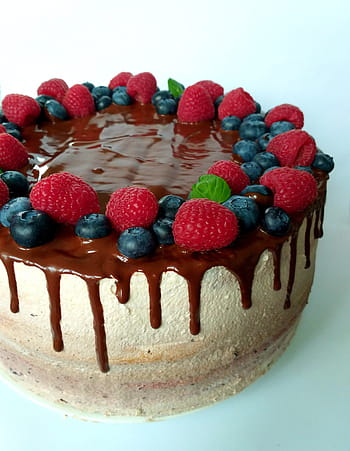 cake, fruit, birthday, raspberries, blueberries, sweets, dessert, chocolate