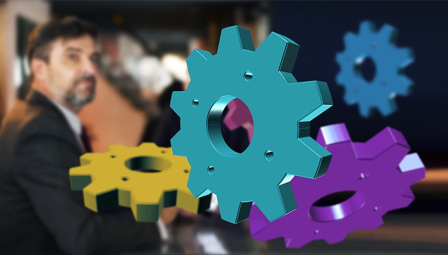 kaufmann, businessman, gears, work, productivity, mechanics, automation, marketing, concept