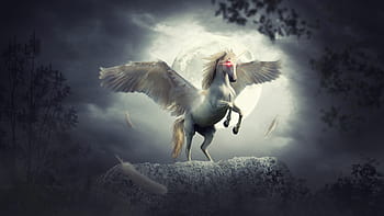 fantasy, unicorn, fairy tale, night, moon, tree, horse, flying, moon light, rock, animals