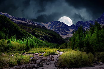 luna, montagne, cielo, natura, notte, paesaggio, fantasia, nuvole, atmosfera, astronomia, luce