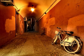 two, bicycles, parked, wall, night time, bike, bologna, gear, italy, night, sport