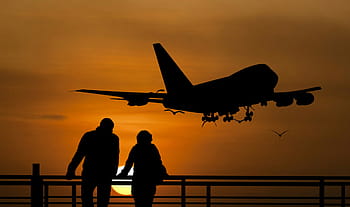 illustrazione della foto, persone, ringhiera, tramonto, jumbo, Jet, volante, al di sopra di., in viaggio, aeroporto, ponte