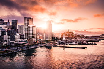 san franciso, financiero, puesta de sol en la costa del distrito, gran ciudad, edificios, california, ciudad, nubes, tarde, edificio de ferry, océano