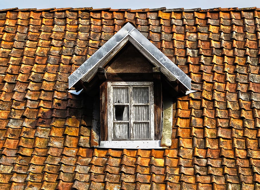 roof, tile, wooden windows, roof windows, weathered, ailing, old, pattern, old building, brick, texture