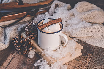 zimní, Pozadí, káva, marshmallows, skořice, Studený, sníh, Vánoce, prosinec, Dovolená, dekorace