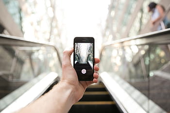 photography, escalator, mobile, phone, held, left, hand, display, holding, photograph, standing