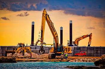 construction site, working, sea, heavy machines, sky, machine, sunset, afternoon