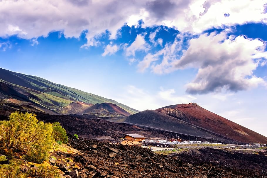 volcano, mountain, lava, etna, sicily, italy, catania, clouds, hiking, magma, geology