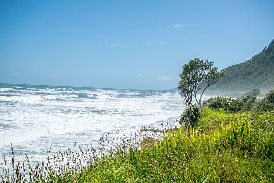 new zealand, nature, landscape, sky, clouds, land, water, mountains, south island, blue, sea