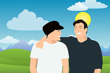illustration, two, friends, enjoying, park, sunny, day, friendship, group, outside, activity