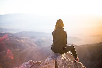 people, woman, travel, adventure, trek, mountain, rock, sunset, cliff, black, hoodie
