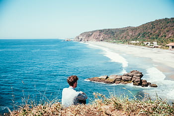 caucasian man, sitting, alone, beach, top, 25-30 year old, Adult, Adventure, Holiday, Looking, Ocean
