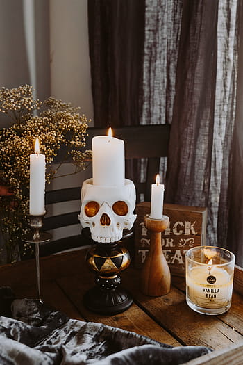 dekorasi halloween, &, lilin, musim gugur, tengkorak, halloween, horor, oktober, menyeramkan, menghias