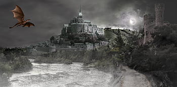 fantazie, kompozitní, drak, hrad, měsíc, řeka