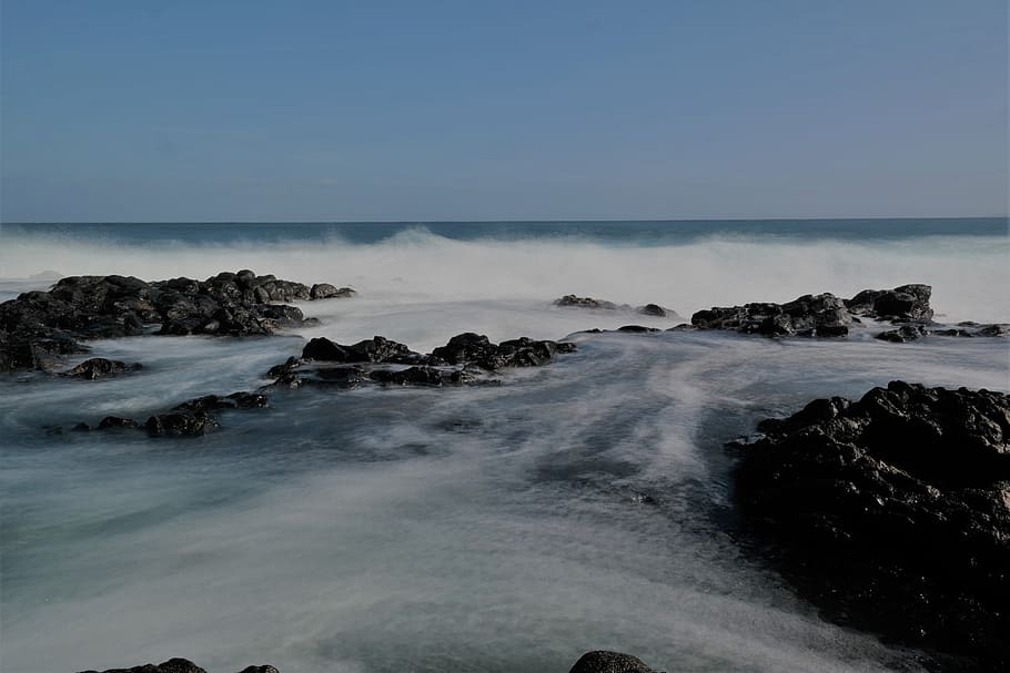 ocean, wave, stones, coast, beach, sea, water, nature, vacations, spray, landscape