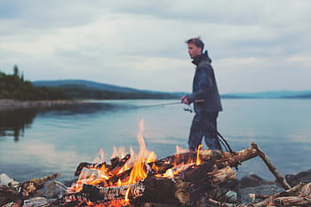 bonfire, fire, flames, camping, lumber, logs, young, guy, man, fishing rod, lake
