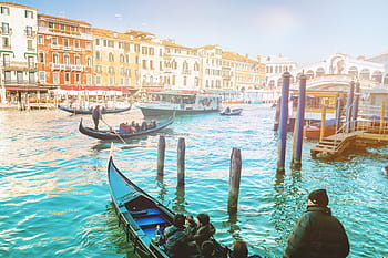 panoramatický, Pohled, slavný, kanál grande, most rialto, západ slunce, Benátky, Itálie