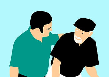 illustration, young, man, sitting, older, providing, comfort, companionship, patient, elderly, care