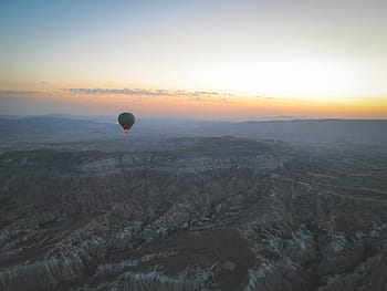 hot air balloon, landscape, nature, mountains, hills, rocks, sunset, sky, view, Cappadocia, Turkey