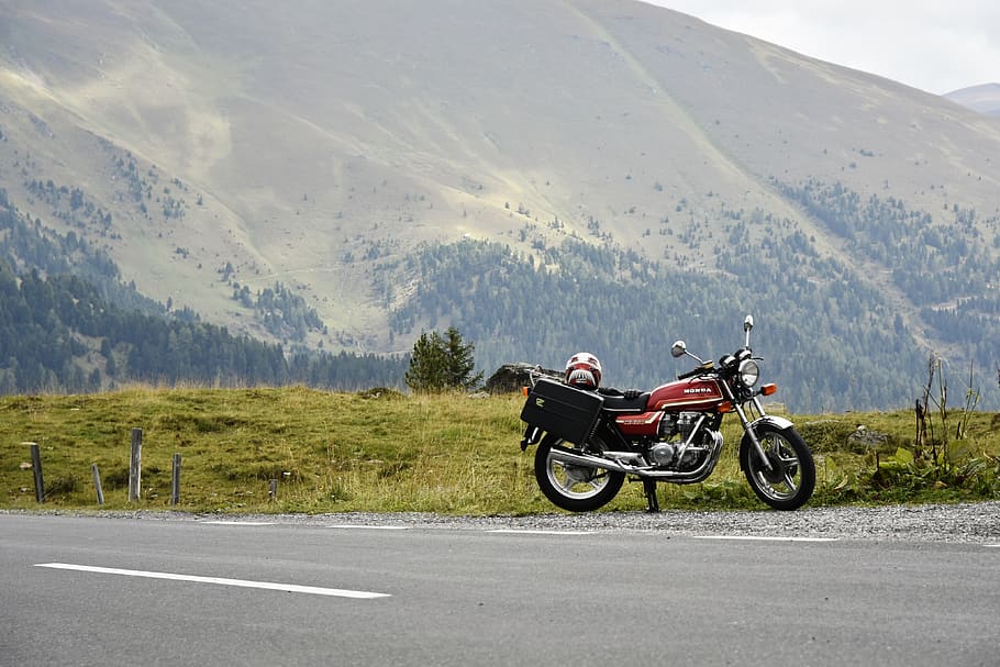 motorbike, motorcycle, mountains, austria, travel, road, vintage, trip, beauty, journey, road trip