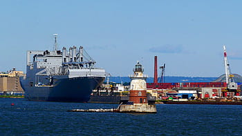 superiore, nuovo, Fari di York Bay, porto di york, cantiere navale di Bayonne, sfondo., porto di New York, ponte di Bayonne, container, nave da carico, chiatte