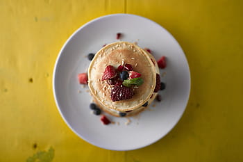 pancakes breakfast, food and Drink, berries, breakfast, fruit, healthy, overhead, pancakes, plate, stack