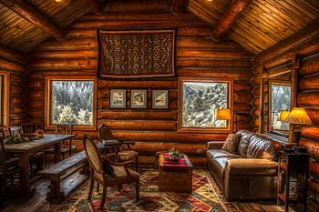 log cabin, inside, indoors, interior, furniture, rustic, mood, atmosphere, hdr, forest, woods