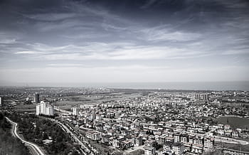 cloudy, sky, city, town, village, houses, homes, view, horizon