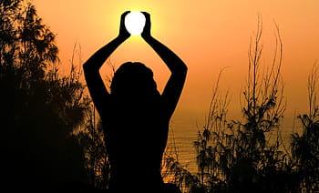 silhouette, woman, yoga, cradling, sun, hands., meditation holding, sunset, female, nature, girl
