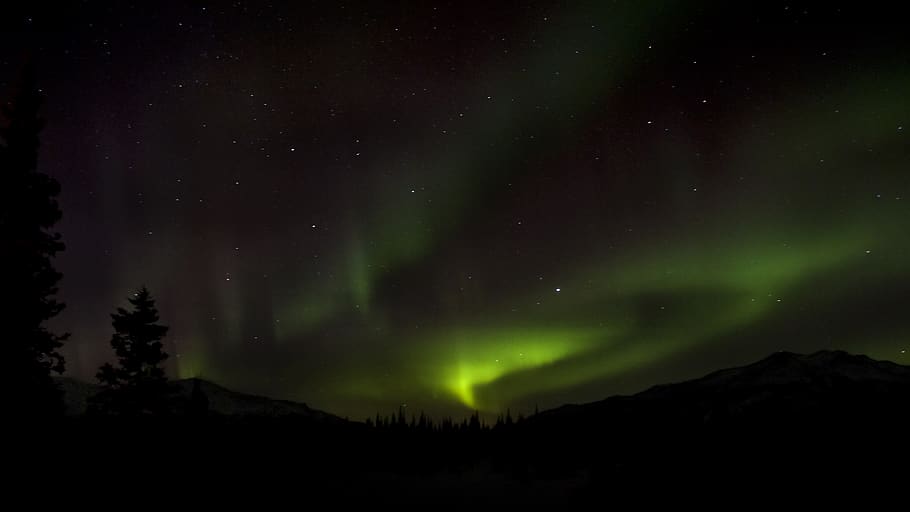 aurora borealis, northern lights, sky, night, landscape, nature, dark, colorful, bright, hills, silhouettes
